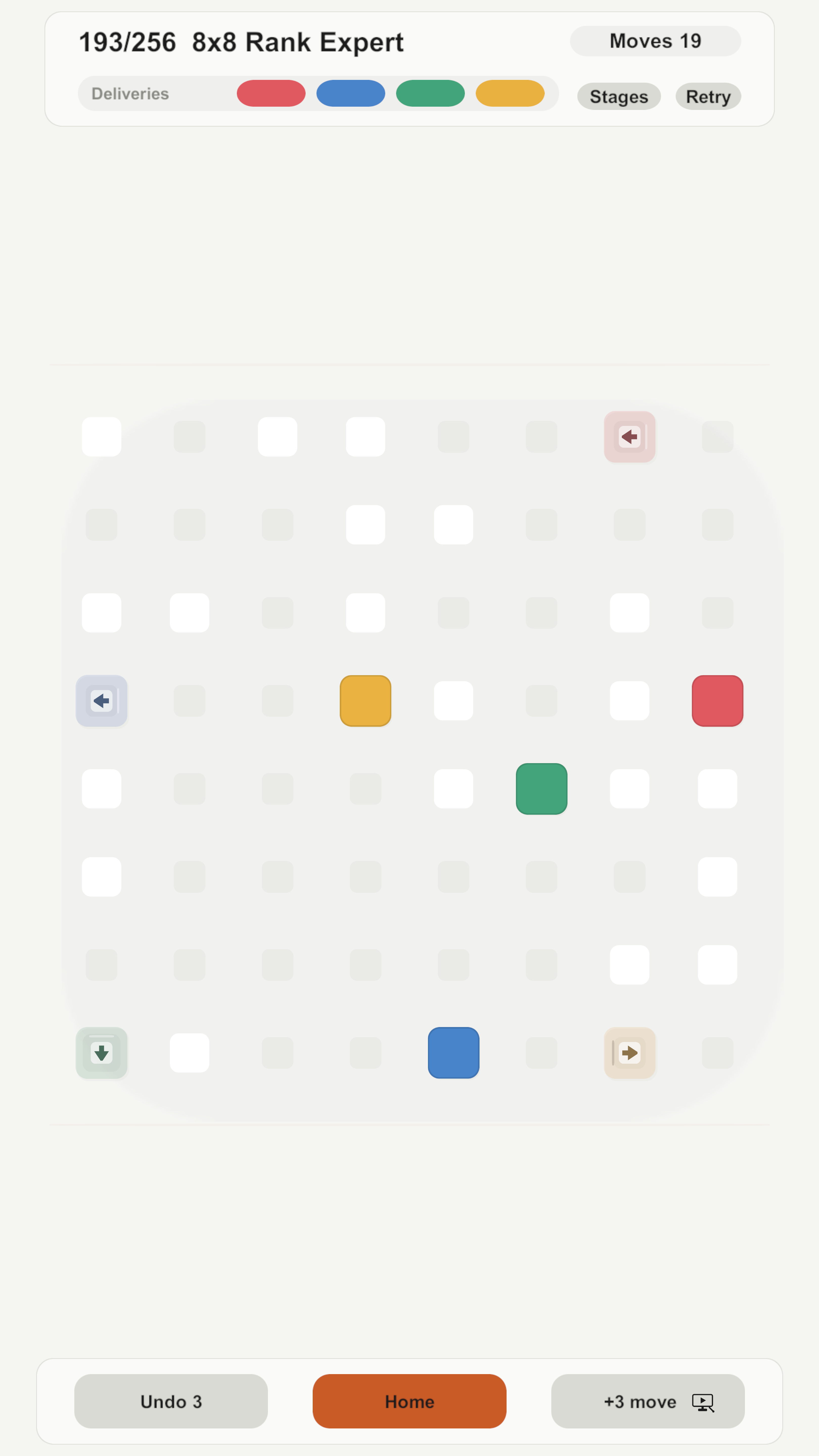 Box Jam v0.2.0 ad-free expert 8x8 puzzle captured from Play Mode, with a larger board and tight delivery routes.
