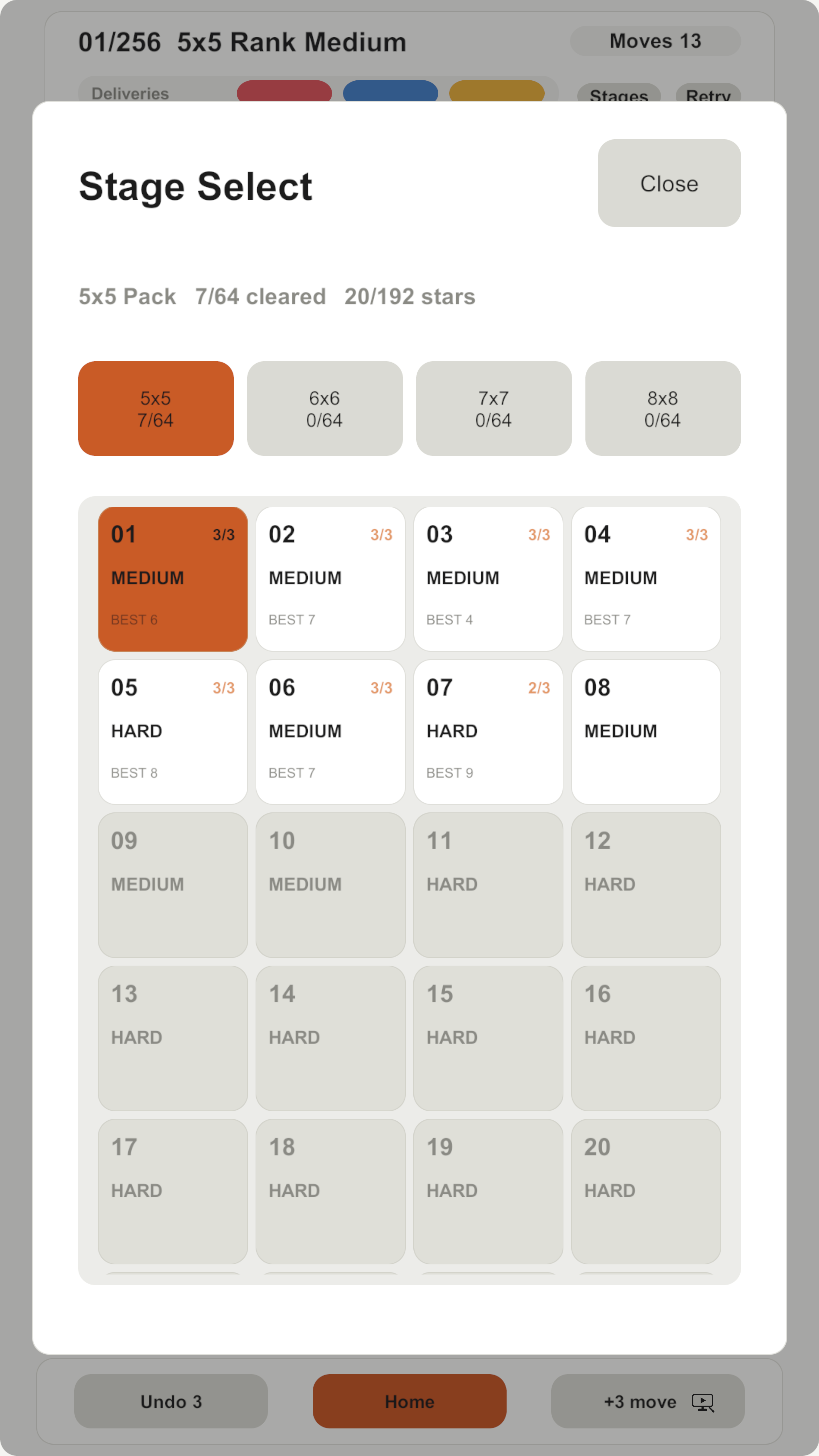 Box Jam v0.2.0 ad-free Stage Select captured from Play Mode, showing 64-stage board-size packs, stars, best moves, and locked stages.