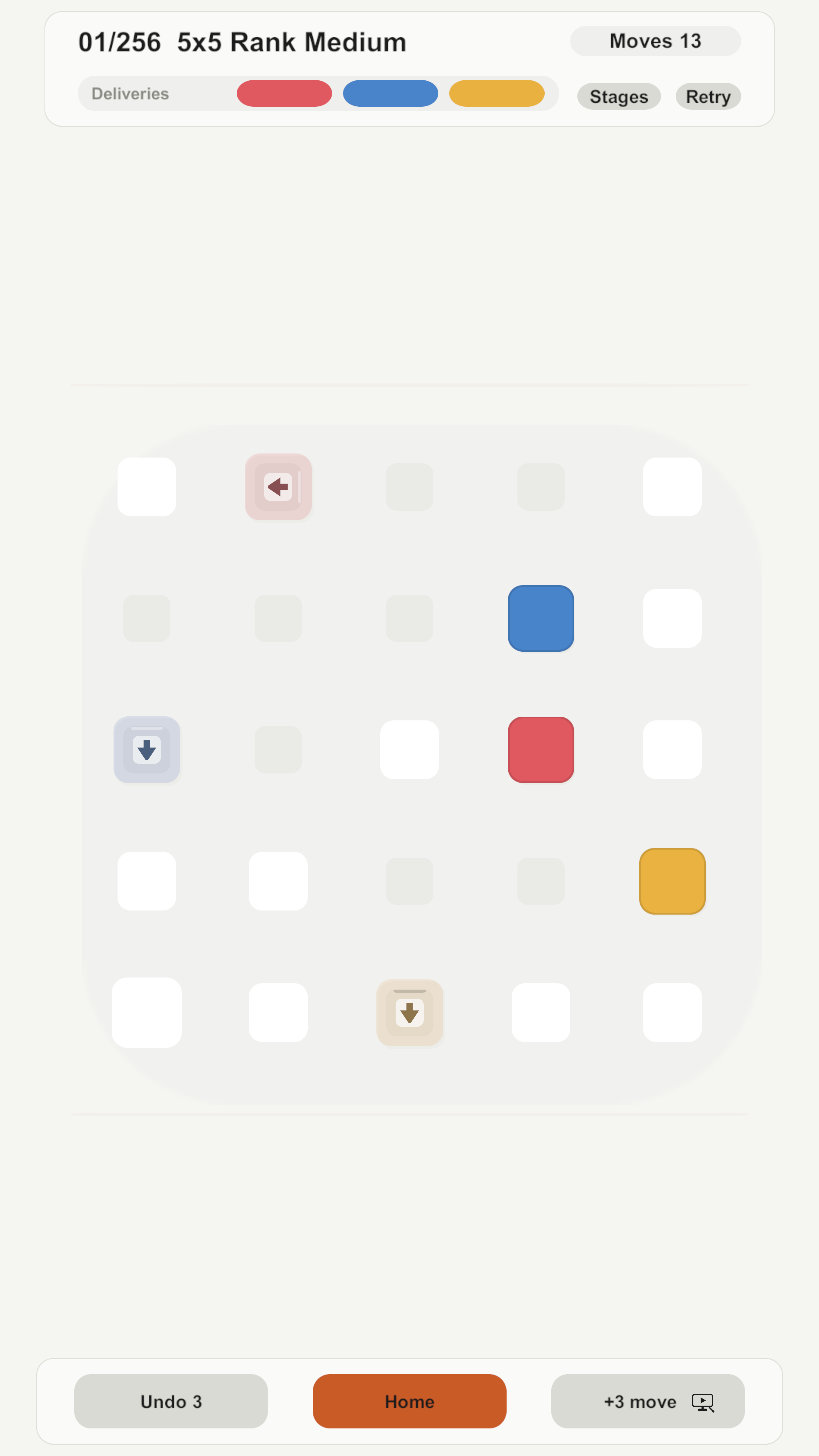 Box Jam v0.2.0 ad-free 5x5 gameplay captured from Play Mode, with colored crates, move counter, order queue, and boosters.
