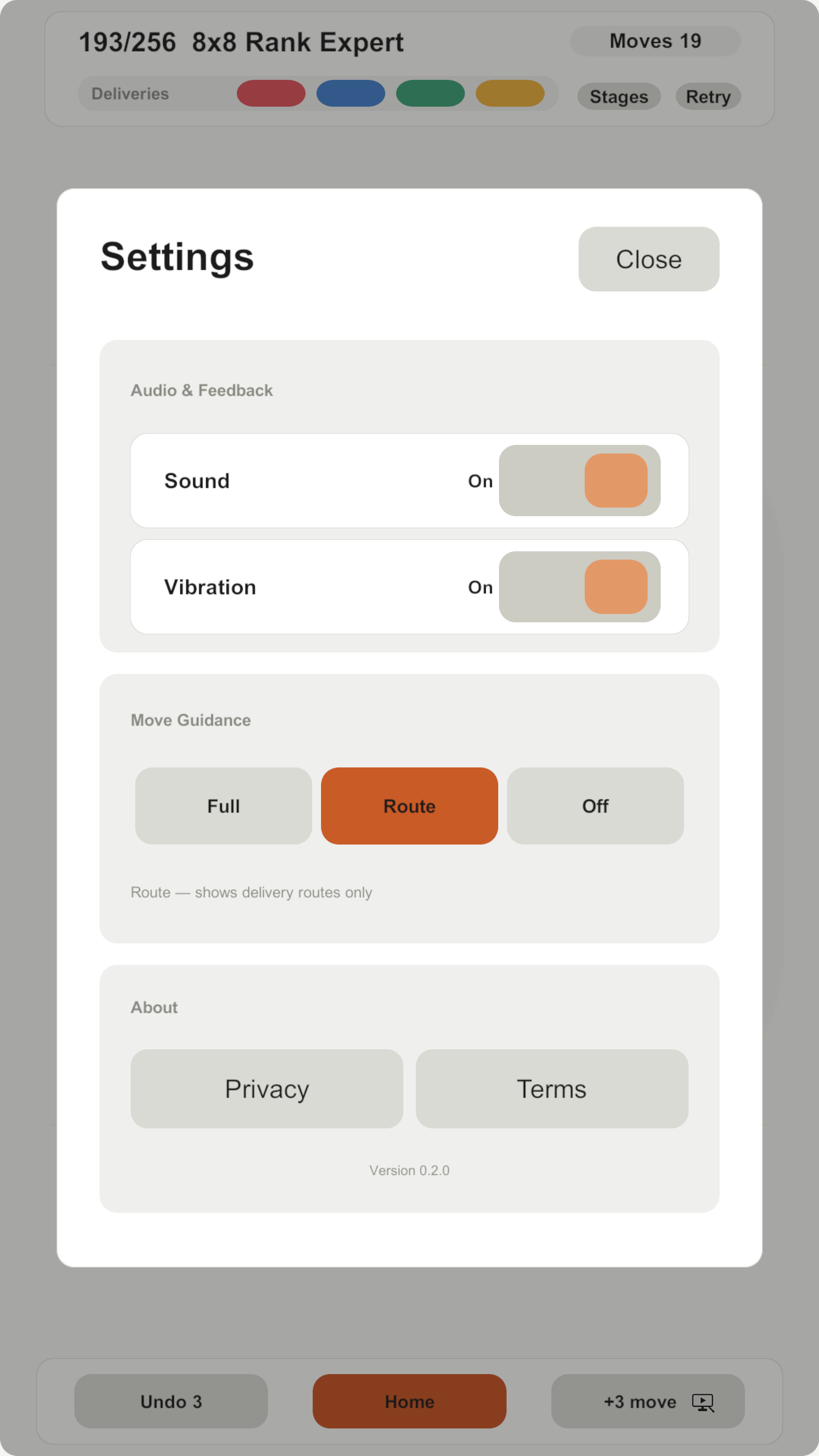Box Jam v0.2.0 ad-free Settings screen captured from Play Mode, with audio, vibration, Move Guidance, Privacy, Terms, and version information.