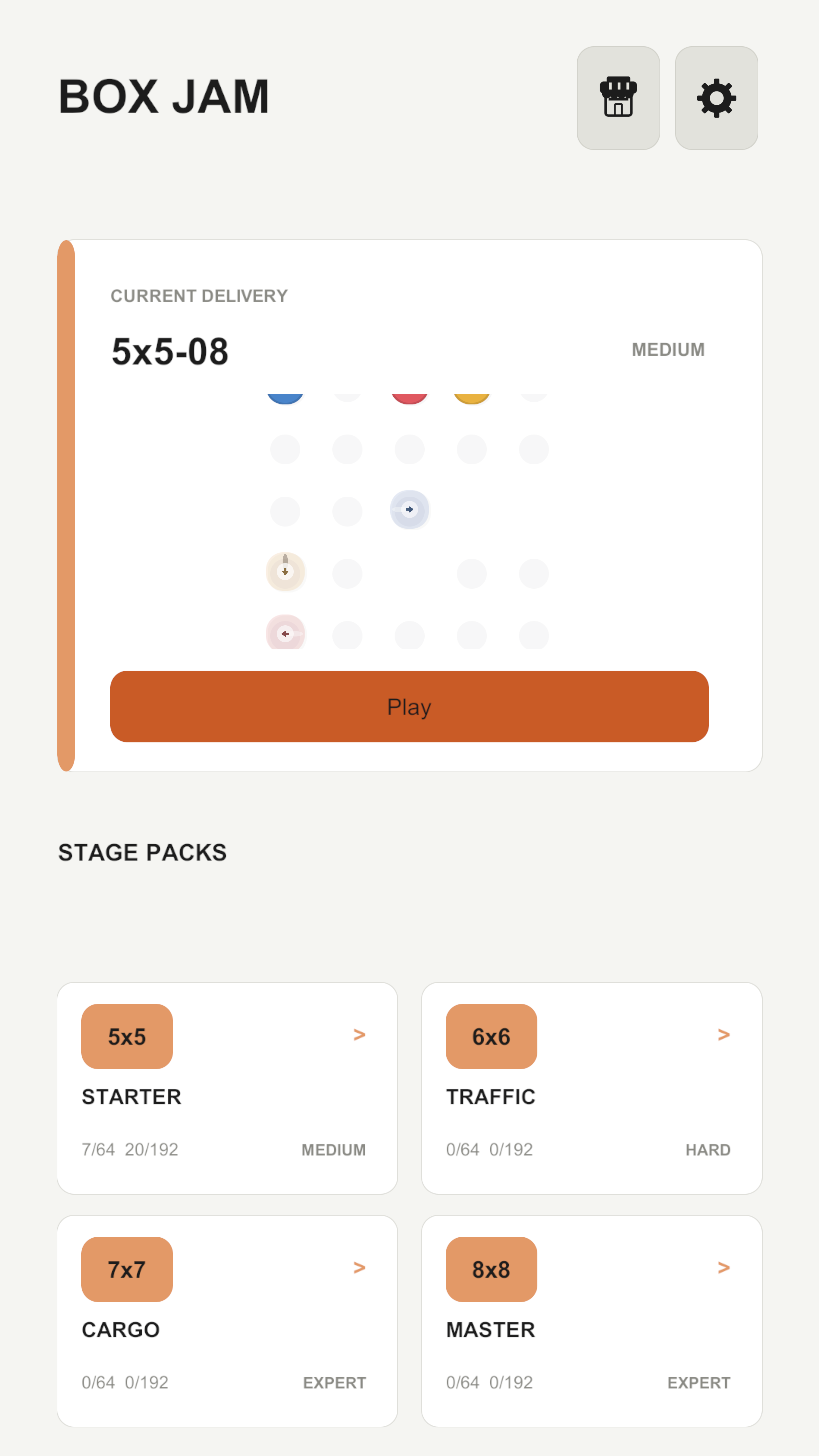 Box Jam v0.2.0 ad-free home screen captured from Play Mode, with the current delivery preview and stage packs.